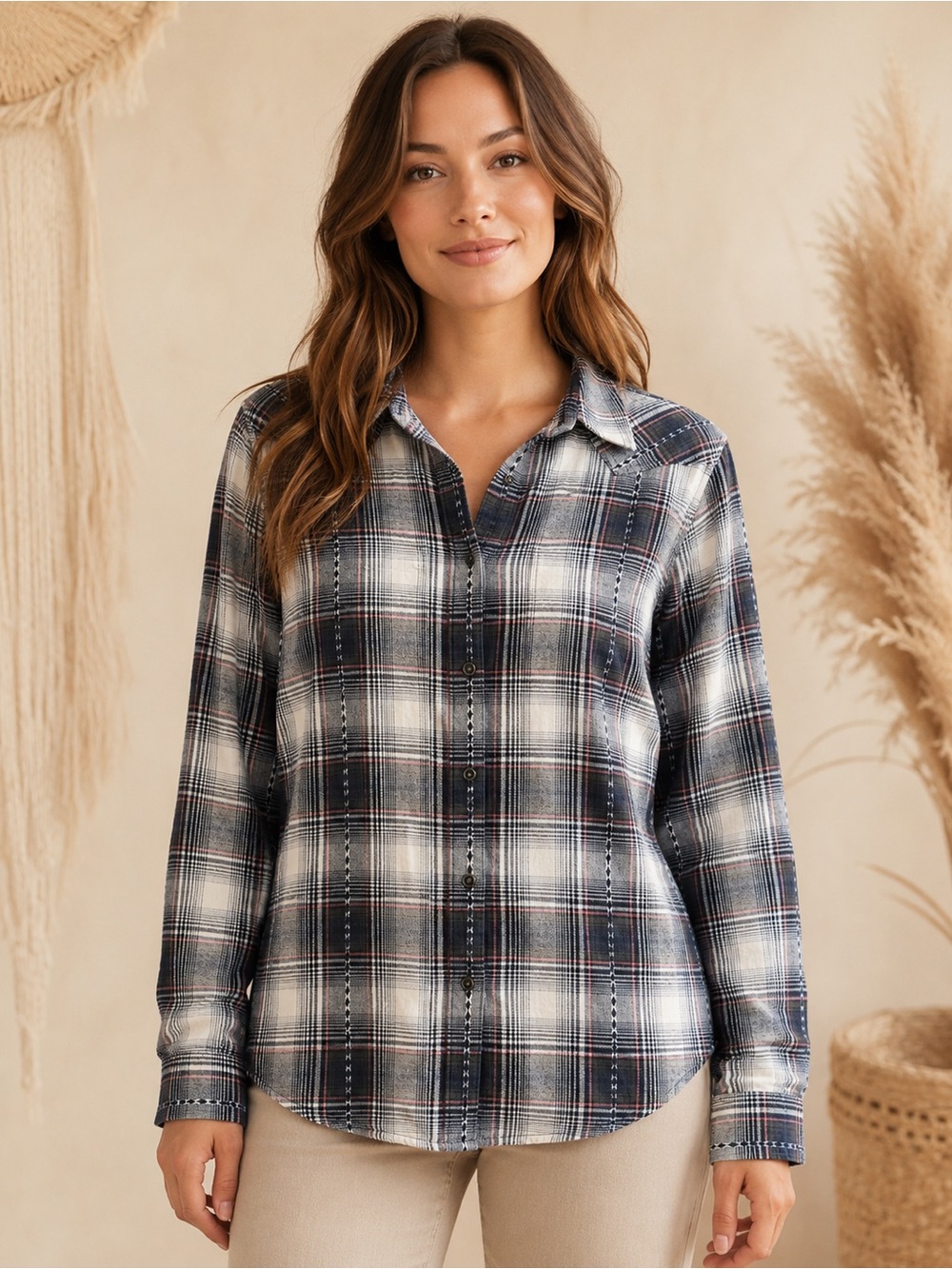 Ariat white and black plaid button up shirt with red accents